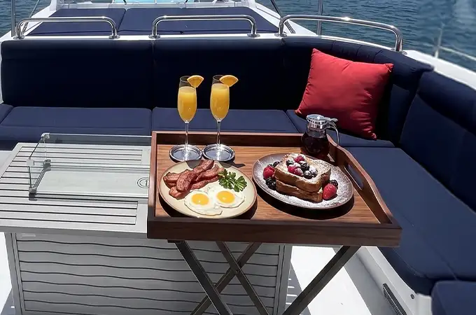 Dining and lounge hover view aboard Full Circle Yacht