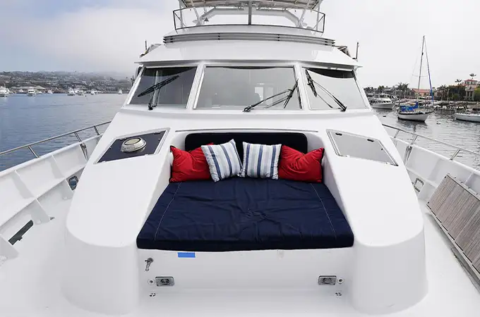 Cushioned bow sun lounge aboard Full Circle Yacht