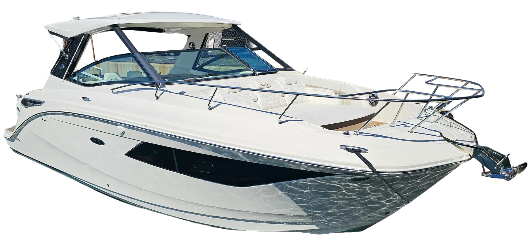 White Sea Ray 35ft viewed from the front and side, with a hardtop, open bow seating and dark hull windows