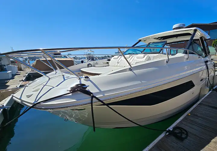 Angled view along the bow and side of the Sea Ray