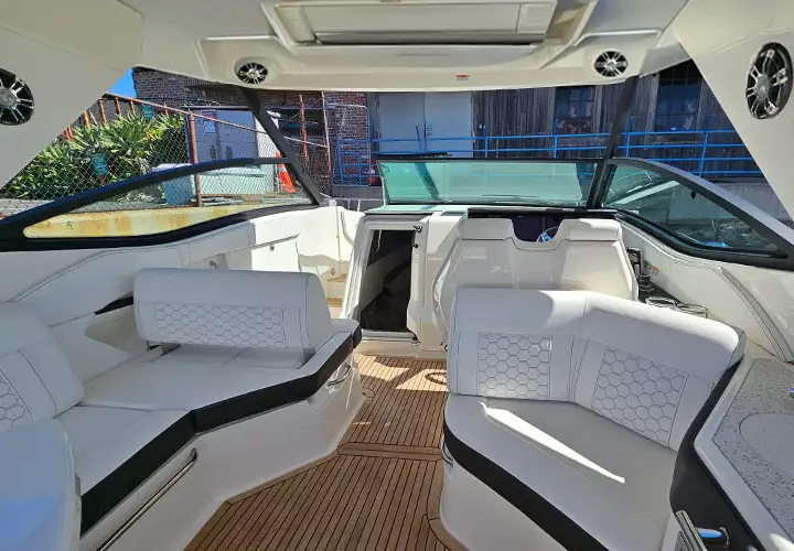 View from the rear lounge toward the helm and companion seats